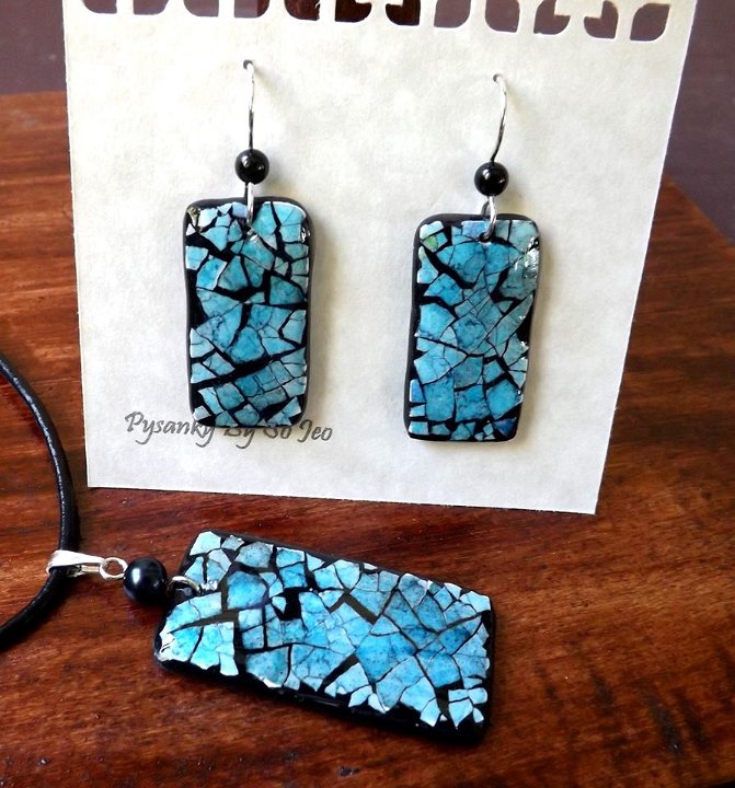 Blue Rectangles Earrings and Pendant Eggshell Mosaic Jewelry by So Jeo